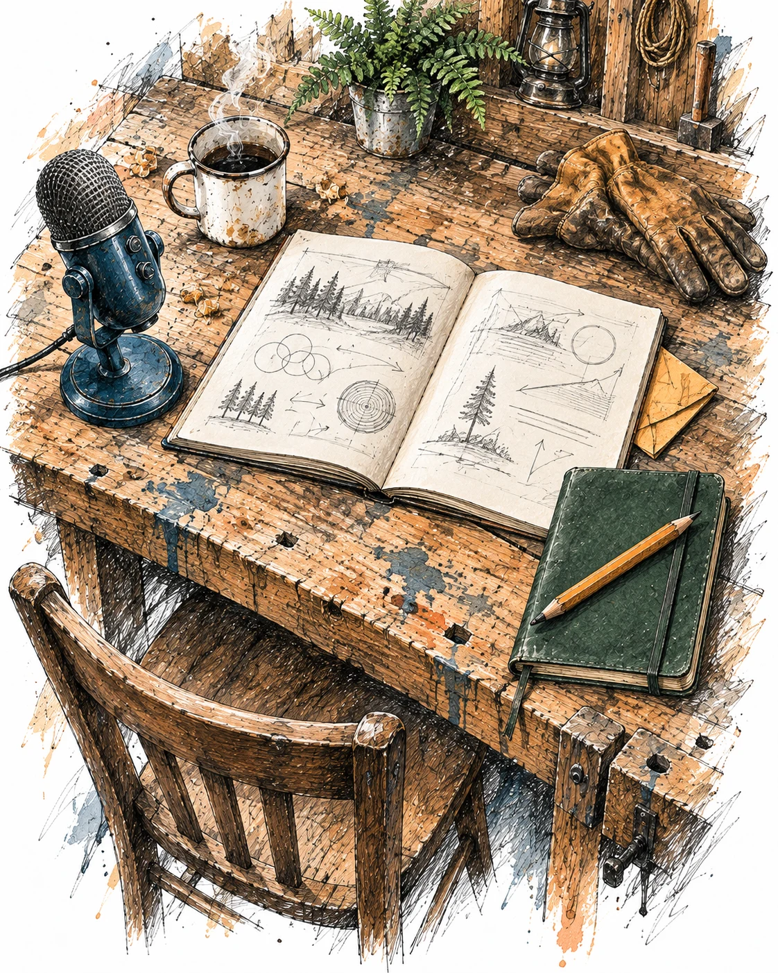 An ink and wash workbench with a microphone, shared workbook, invitation, notebook and an open chair
